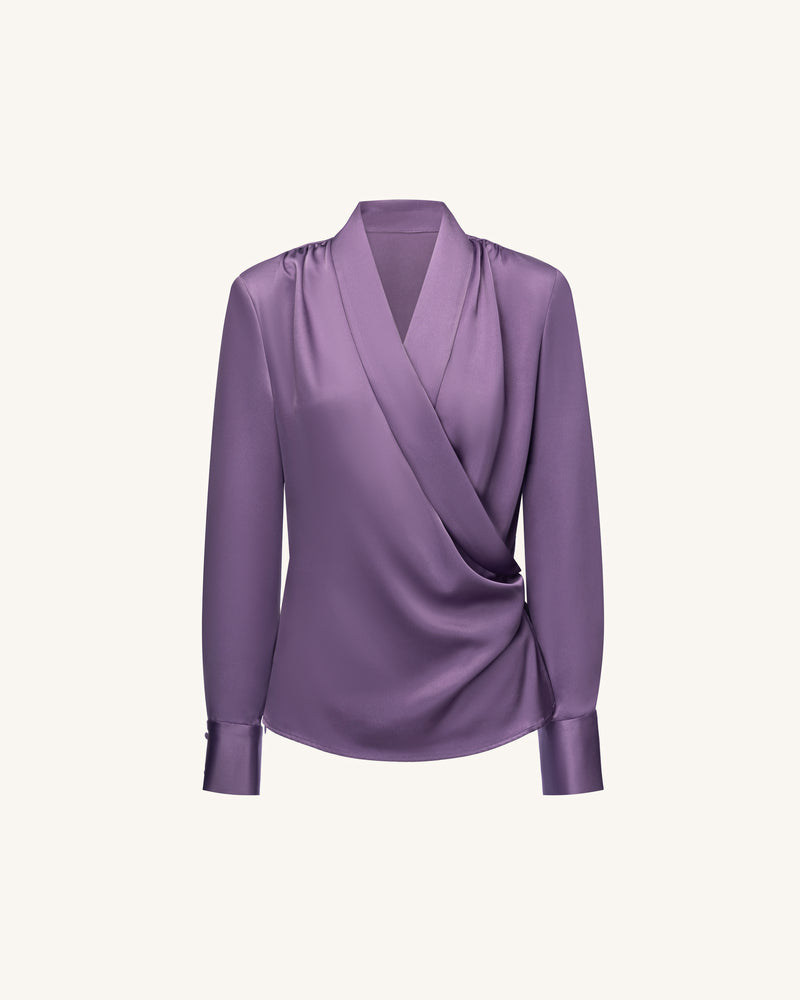 Satin Wrap V Neck Long Sleeve Blouse - Dusty Mauve