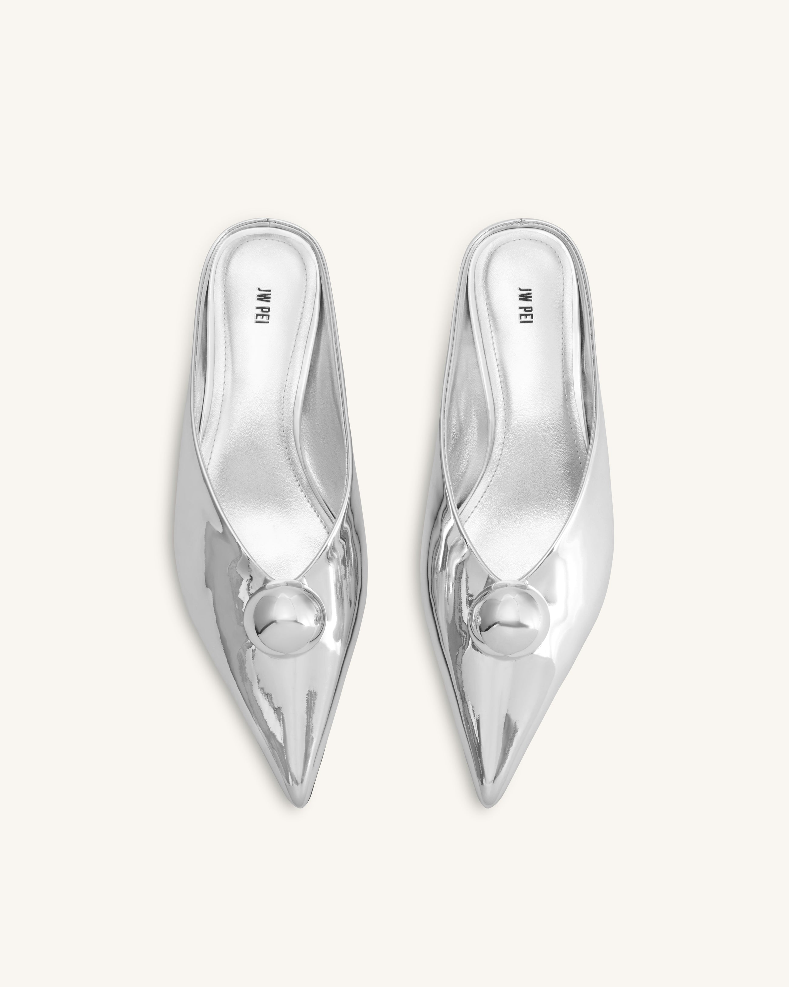 Helena Sphere Embellished Pointed Toe Mules - Silver