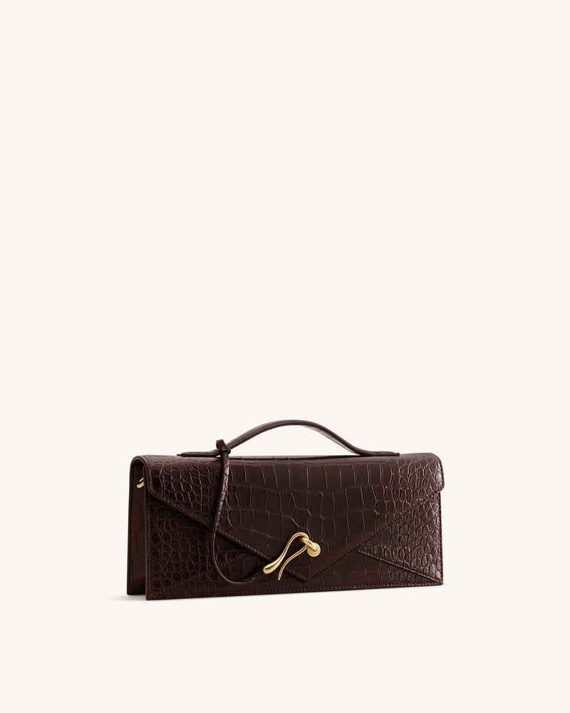 Celeste Envelope Top Handle Bag - Dark Brown Croc