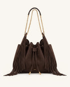 Rowan Faux Suede Tassel Ruched Drawstring Chain Bucket Bag - Amber Brown