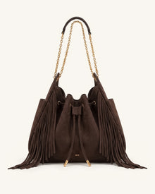 Rowan Faux Suede Tassel Ruched Drawstring Chain Bucket Bag - Amber Brown