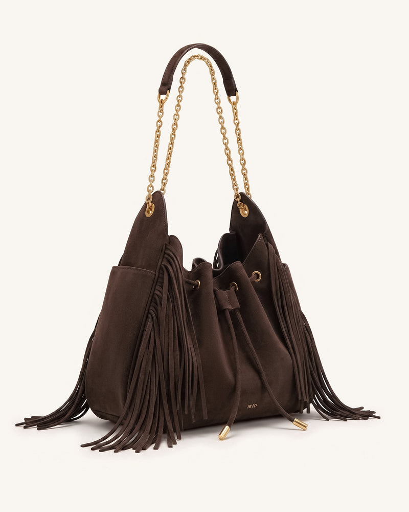 Rowan Faux Suede Tassel Ruched Drawstring Chain Bucket Bag - Amber Brown