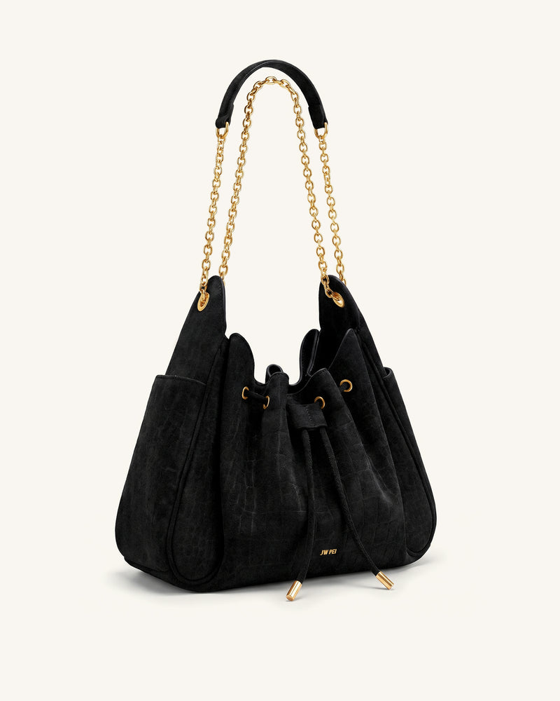 Rowan Faux Suede Drawstring Chain Bucket Bag - Cool Black Croc