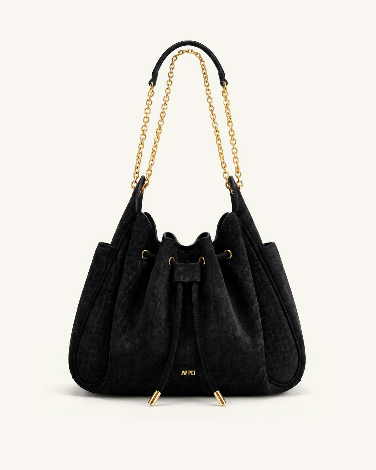 Rowan Faux Suede Drawstring Chain Bucket Bag - Cool Black Croc