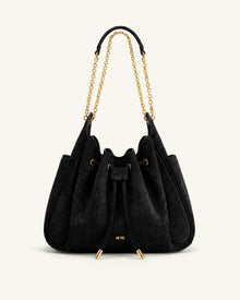 Rowan Faux Suede Drawstring Chain Bucket Bag - Cool Black Croc