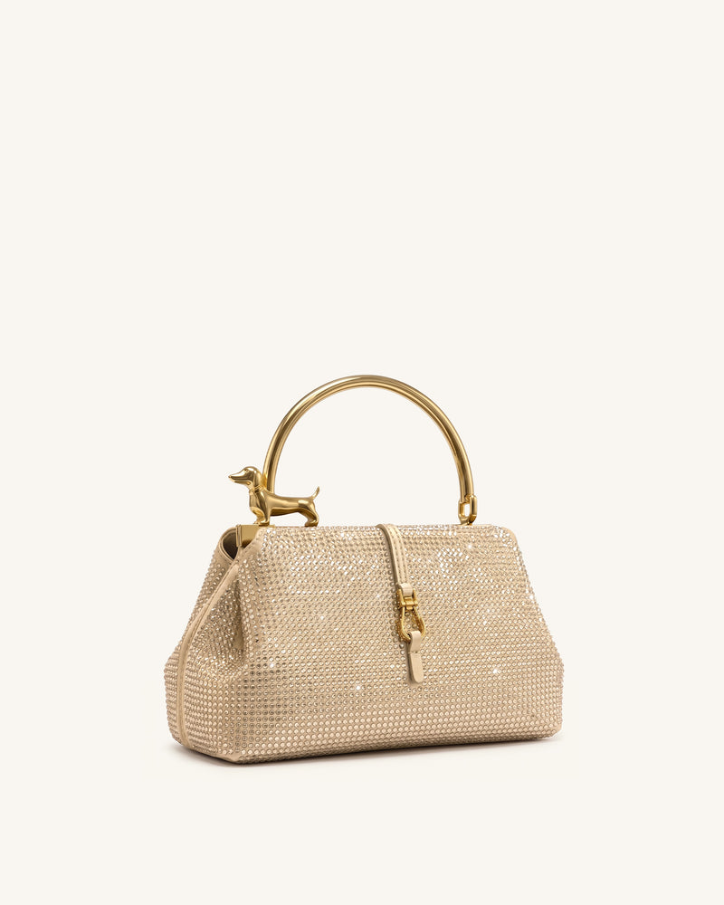 Bruna Artificial Crystal Dachshund Metal Handle Top Handle Bag - Champagne