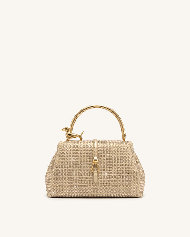 Bruna Artificial Crystal Dachshund Metal Handle Top Handle Bag - Champagne