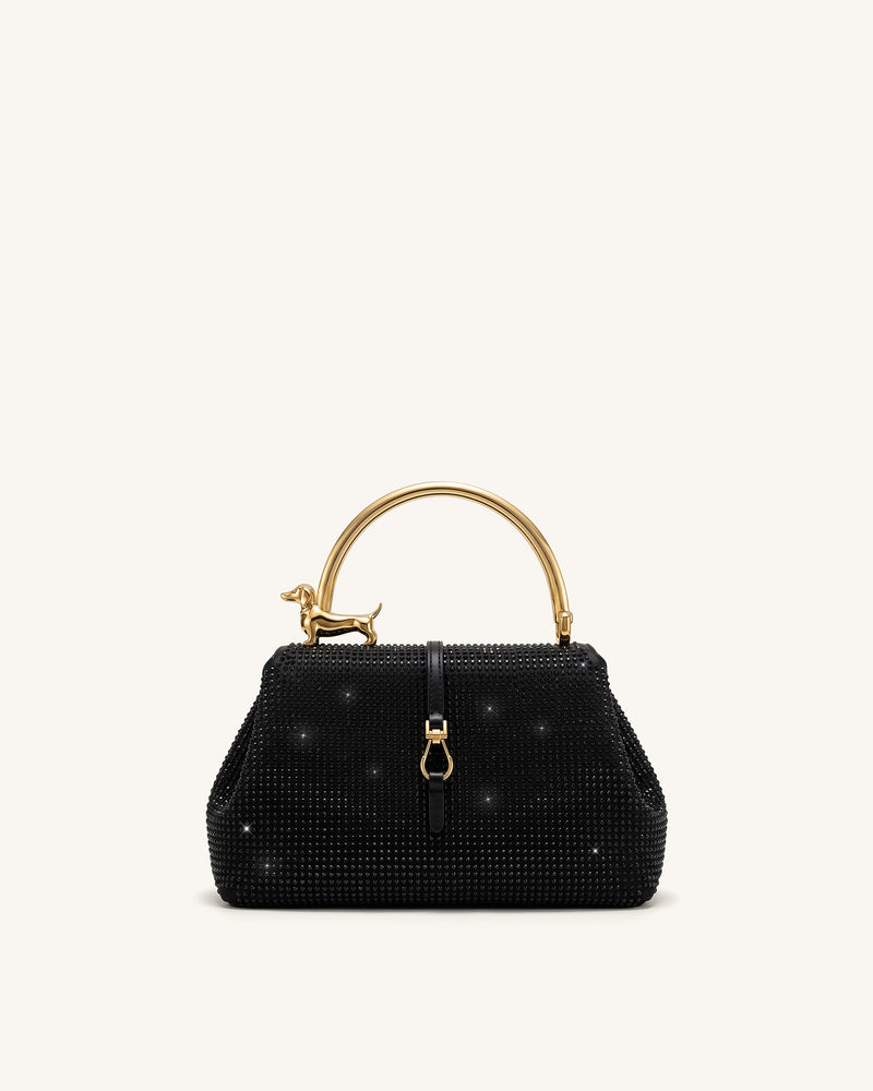 Bruna Artificial Crystal Dachshund Metal Handle Top Handle Bag - Black