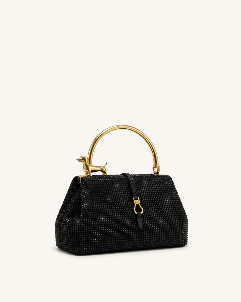 Bruna Artificial Crystal Dachshund Metal Handle Top Handle Bag - Black
