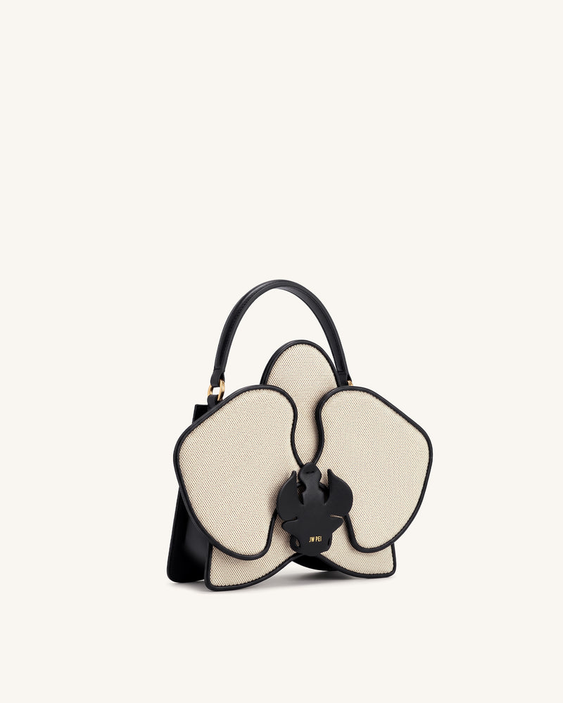 Flora Orchid Shaped Top Handle Bag - Black White Canvas
