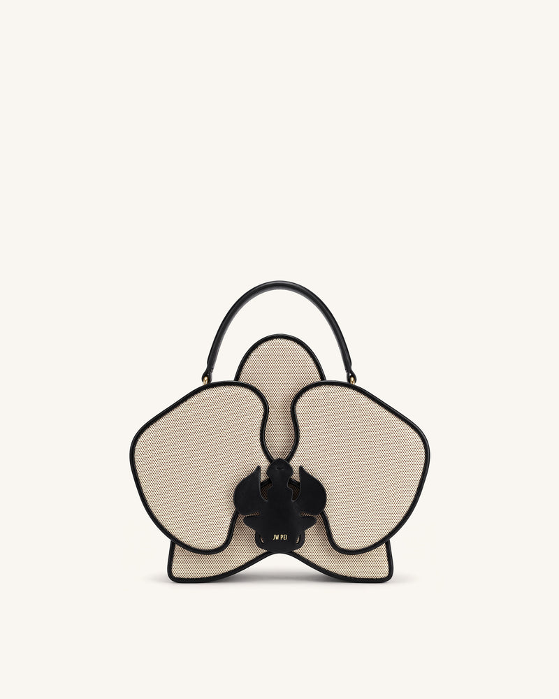 Flora Orchid Shaped Top Handle Bag - Black White Canvas