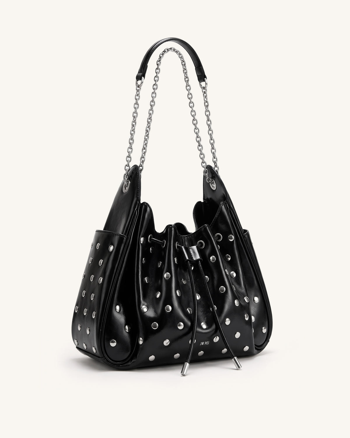 Rowan Studded Ruched Drawstring Chain Bucket Bag - Shiny Black