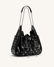Rowan Studded Ruched Drawstring Chain Bucket Bag - Shiny Black