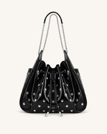 Rowan Studded Ruched Drawstring Chain Bucket Bag - Shiny Black