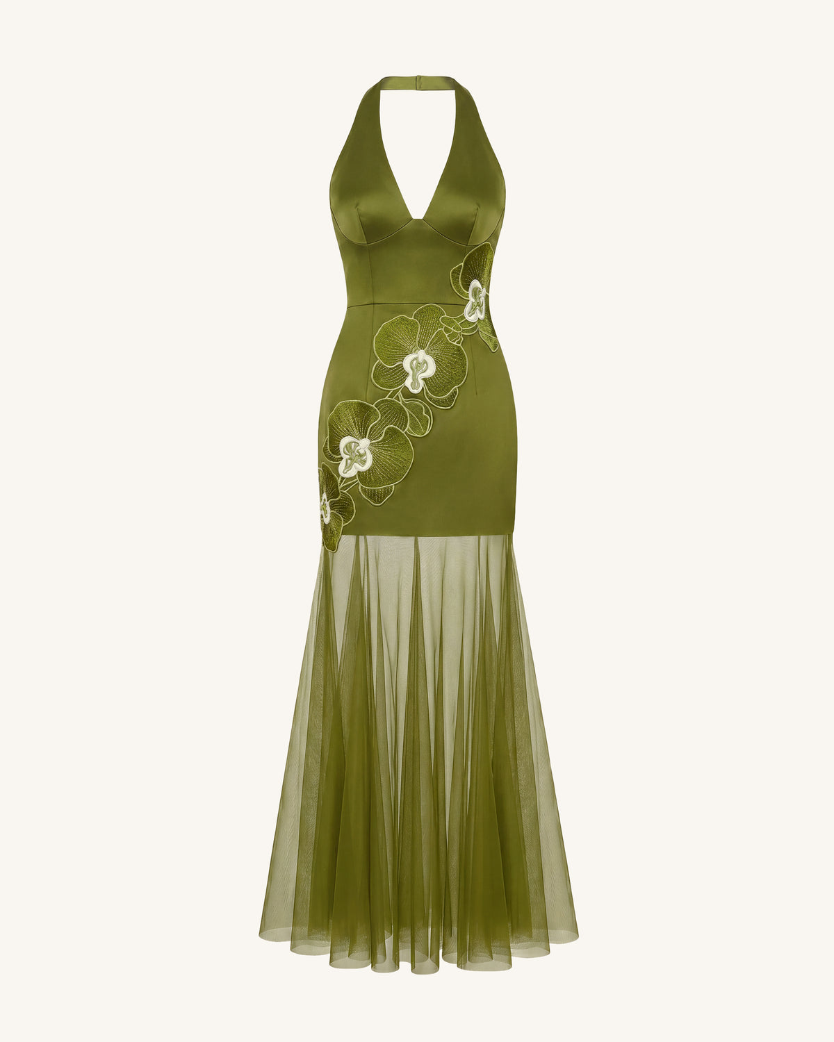 Orchid Embroidered Sheer Hem Halter Maxi Dress - Olive