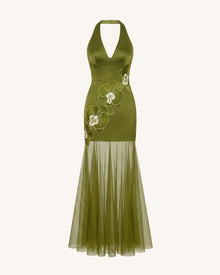Orchid Embroidered Sheer Hem Halter Maxi Dress - Olive
