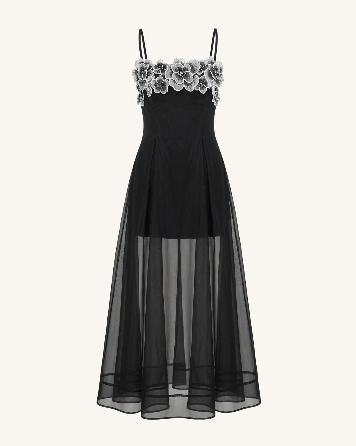 Floral Embroidered Sheer Layered Maxi Dress - Black
