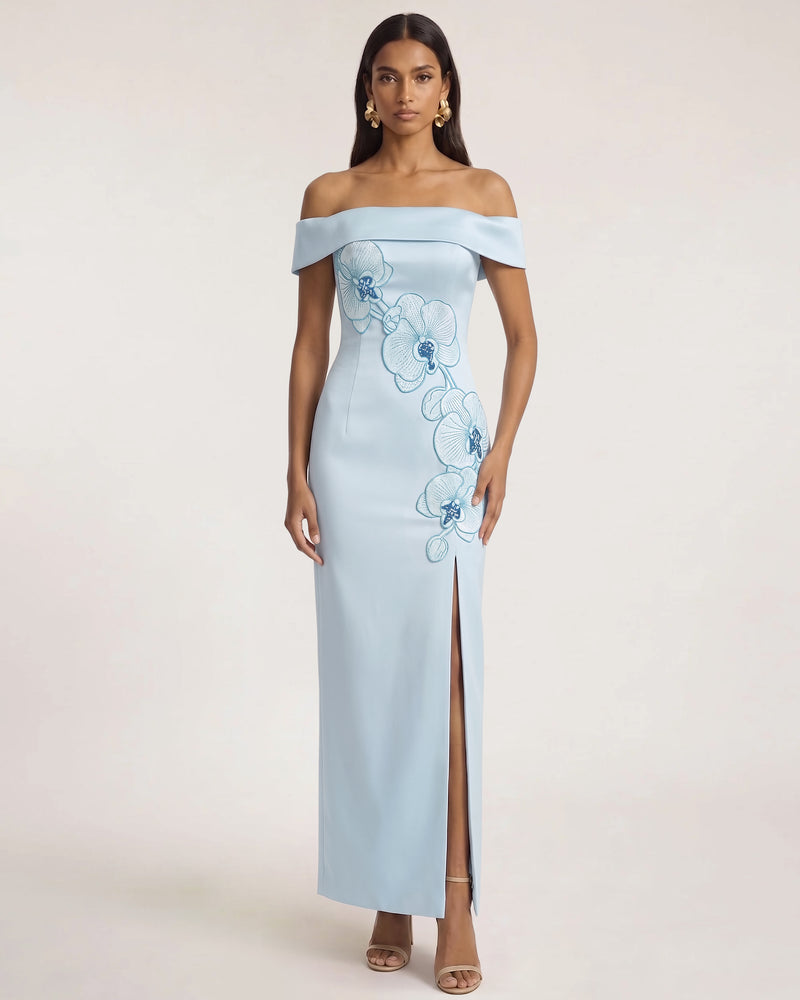 Orchid Embroidered Off-Shoulder Maxi Dress - Blue