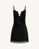Flower Embroidered Cowl Neck Mini Dress - Black