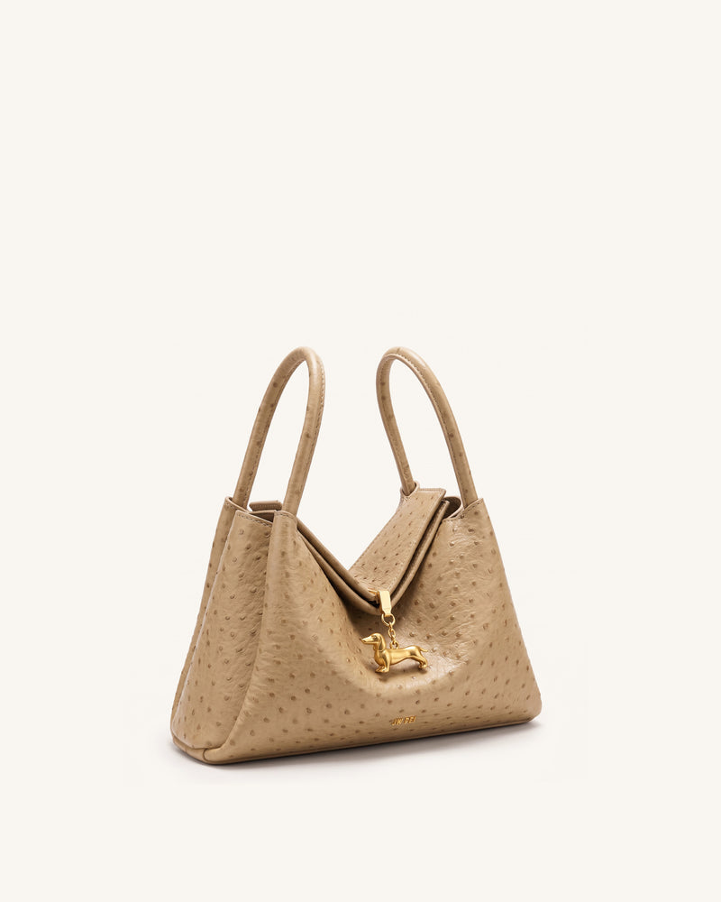 Maelle Faux Ostrich Grain Dachshund Charm Double Handle Bag - Brown