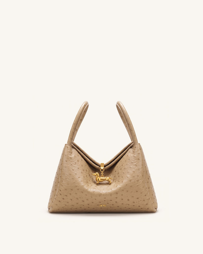 Maelle Faux Ostrich Grain Dachshund Charm Double Handle Bag - Brown