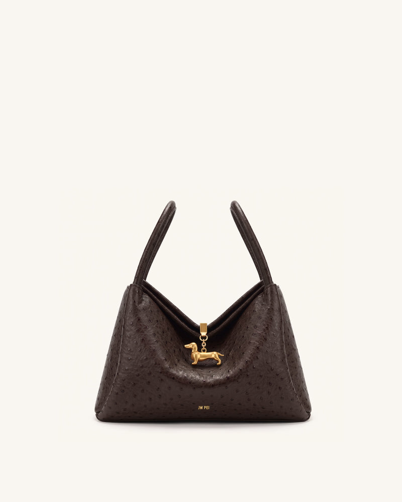 Maelle Faux Ostrich Grain Dachshund Charm Double Handle Bag - Dark Brown