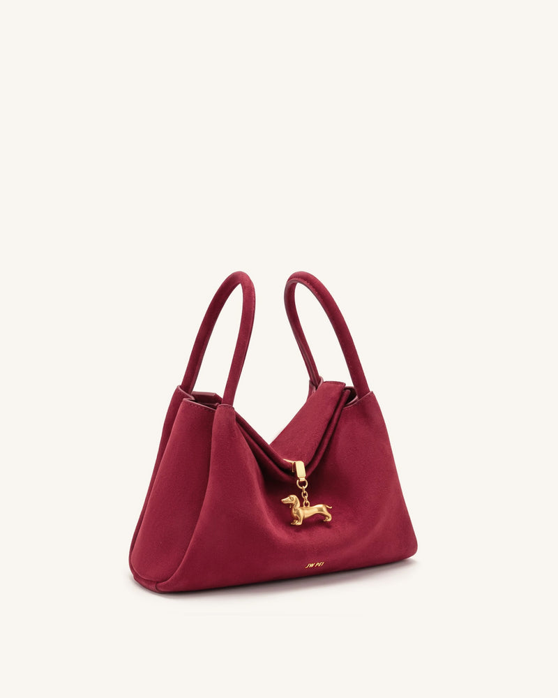 Maelle Faux Suede Dachshund Charm Double Handle Bag - Burgundy