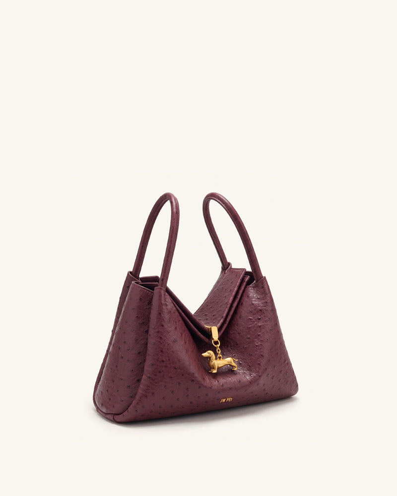 Maelle Faux Ostrich Grain Dachshund Charm Double Handle Bag - Berry Red