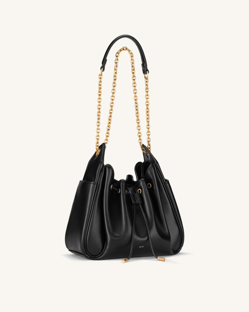 Rowan Ruched Drawstring Chain Bucket Bag - Black
