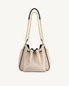 Rowan Ruched Drawstring Chain Bucket Bag - Black Canvas