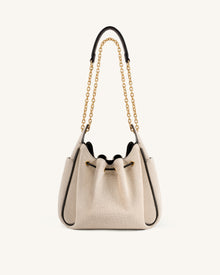 Rowan Ruched Drawstring Chain Bucket Bag - Black Canvas