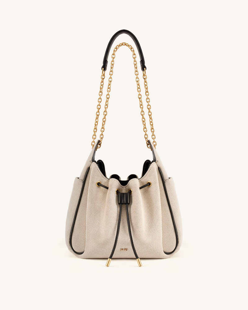 Rowan Ruched Drawstring Chain Bucket Bag - Black Canvas