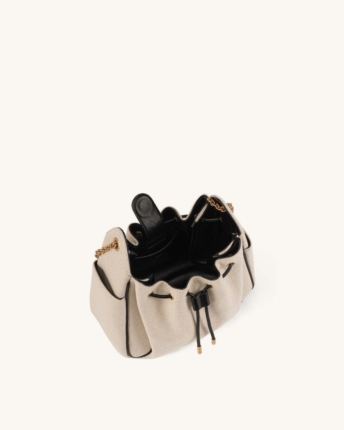 Rowan Ruched Drawstring Chain Bucket Bag - Black Canvas