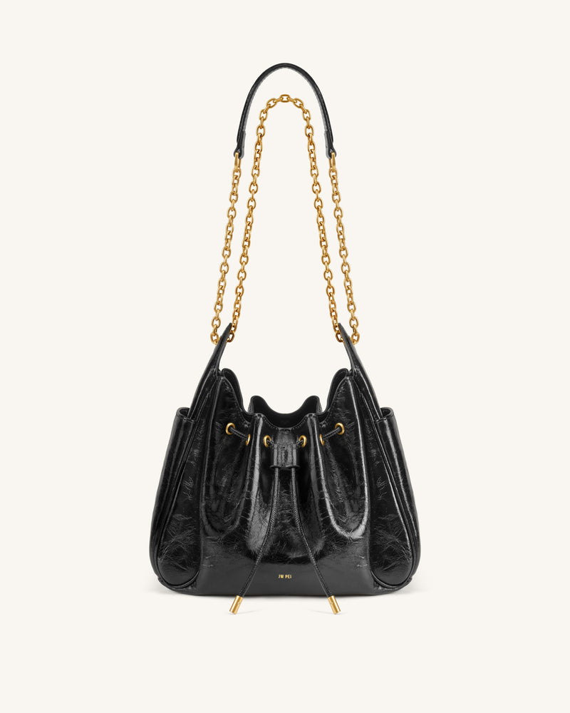 Rowan Ruched Drawstring Chain Bucket Bag - Jet Black