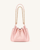 Rowan Ruched Drawstring Chain Bucket Bag - Pink Croc