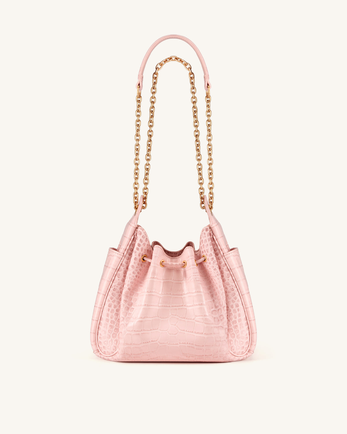 Rowan Ruched Drawstring Chain Bucket Bag - Pink Croc