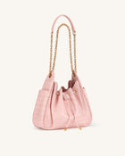 Rowan Ruched Drawstring Chain Bucket Bag - Pink Croc