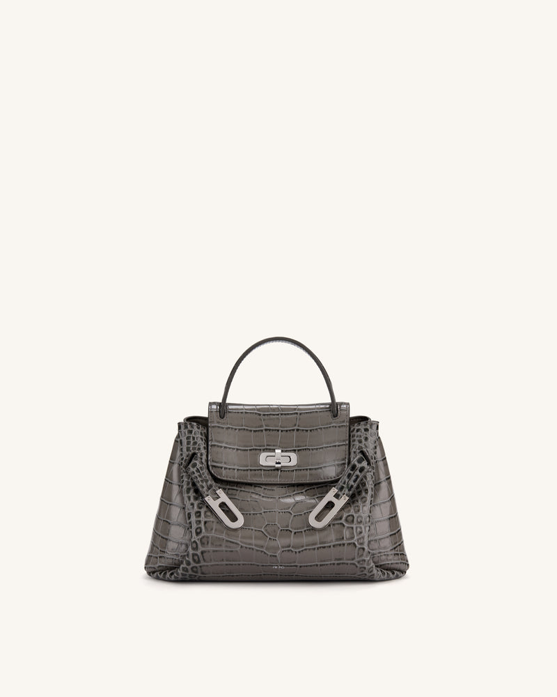 Rhea Small Double Buckle Shoulder Bag - Grey Croc