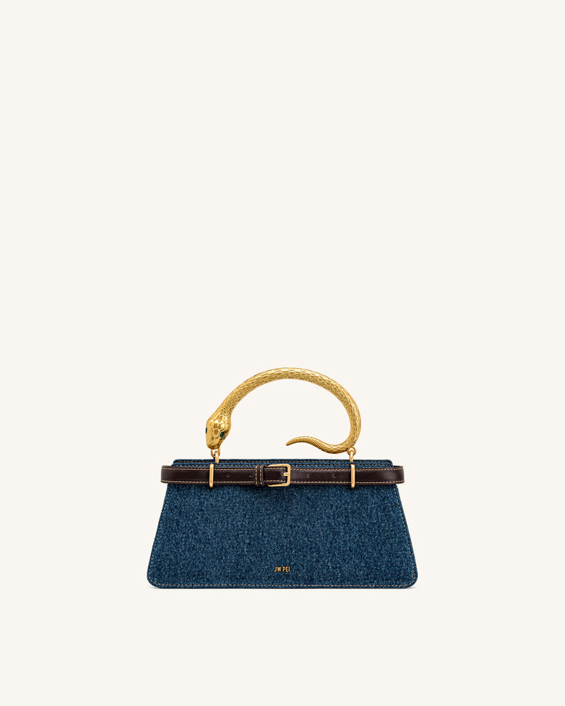 Elena Snake Handle Top Handle Bag - Dark Blue Denim