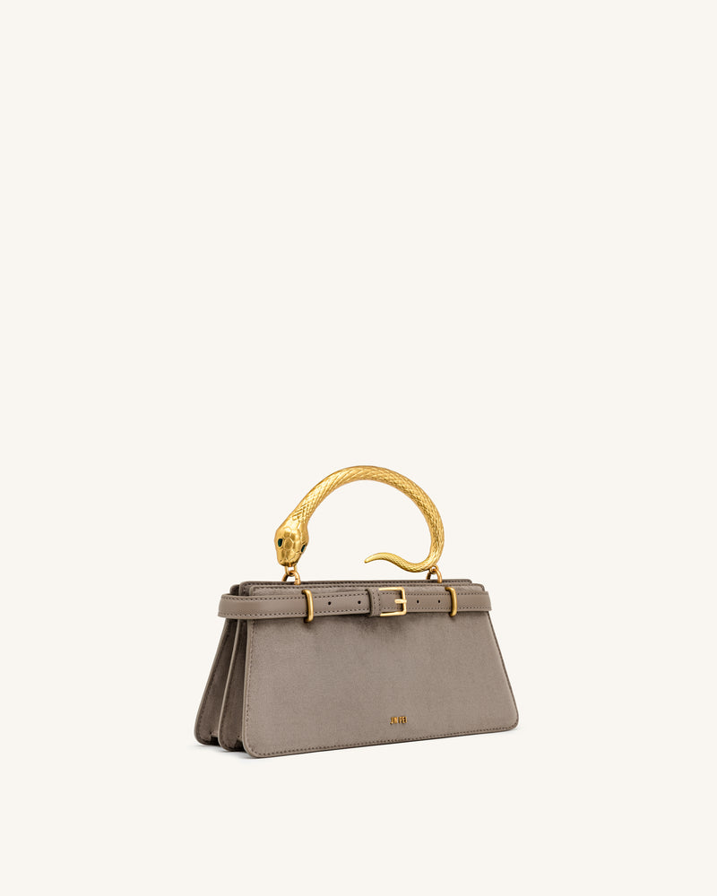 Elena Snake Handle Faux Suede Top Handle Bag - Taupe