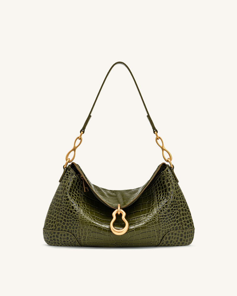 Jayla Metal Pendant Embellished Shoulder Bag - Green Croc