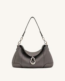 Jayla Faux Suede Metal Pendant Embellished Shoulder Bag - Dark Grey