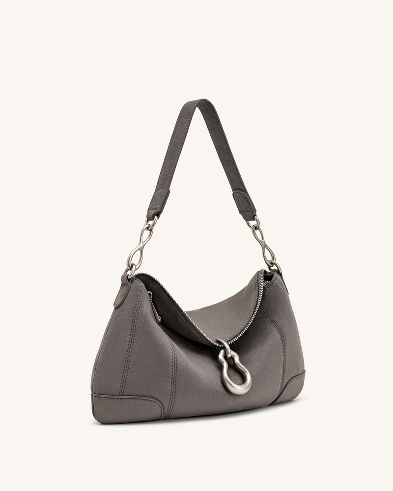 Jayla Faux Suede Metal Pendant Embellished Shoulder Bag - Dark Grey
