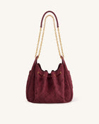 Rowan Faux Suede Weaving Ruched Drawstring Chain Bucket Bag - Dark Cherry