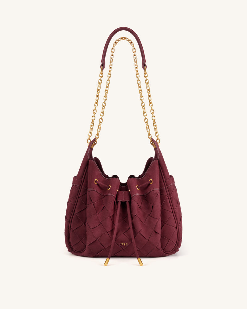Rowan Faux Suede Weaving Ruched Drawstring Chain Bucket Bag - Dark Cherry