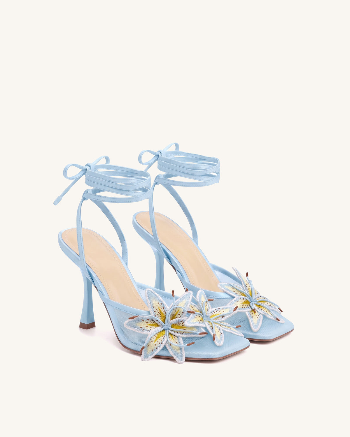 Isadora Lily Floral Mesh Lace-Up Stiletto Sandals - Light Blue