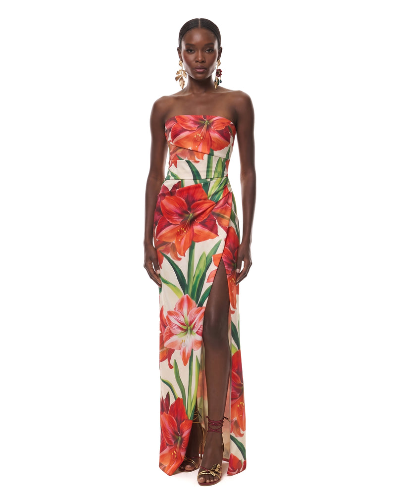 Floral Printed Strapless High-Slit Column Gown - Multi