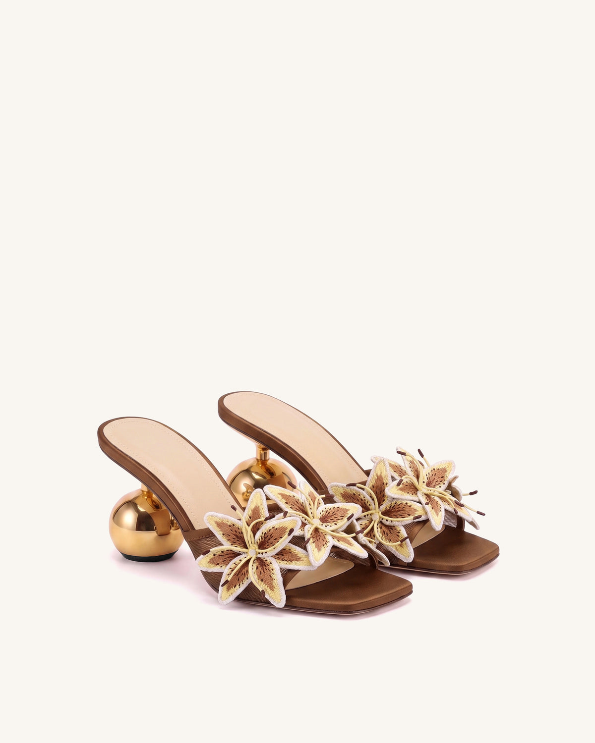 Isadora Lily Floral Sculptural-Heel Mules - Brown
