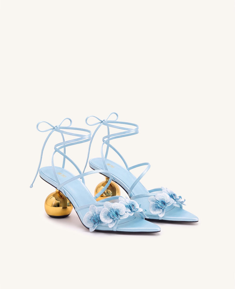 Celia Orchid Embroidered Sphere Heel Lace-Up Sandals - Blue