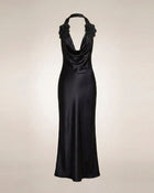 Flower Embroidered Cowl Halter Maxi Dress - Black